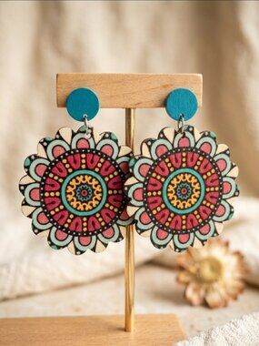 Wooden Floral Mandala Earrings Teal Pink Boho Lightweight Dangle Earrings